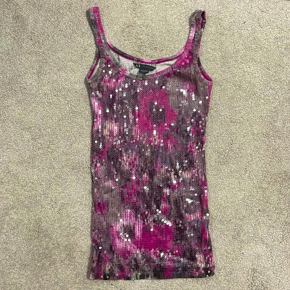 Armani Exchange tank top with clear sequins on the front. Size: S